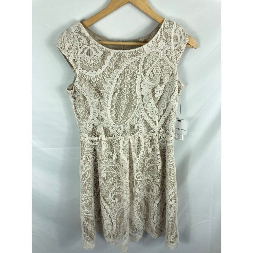 NWT Liz Claiborne Lace Overlay Fit Flare Dress Ivory White Size 6